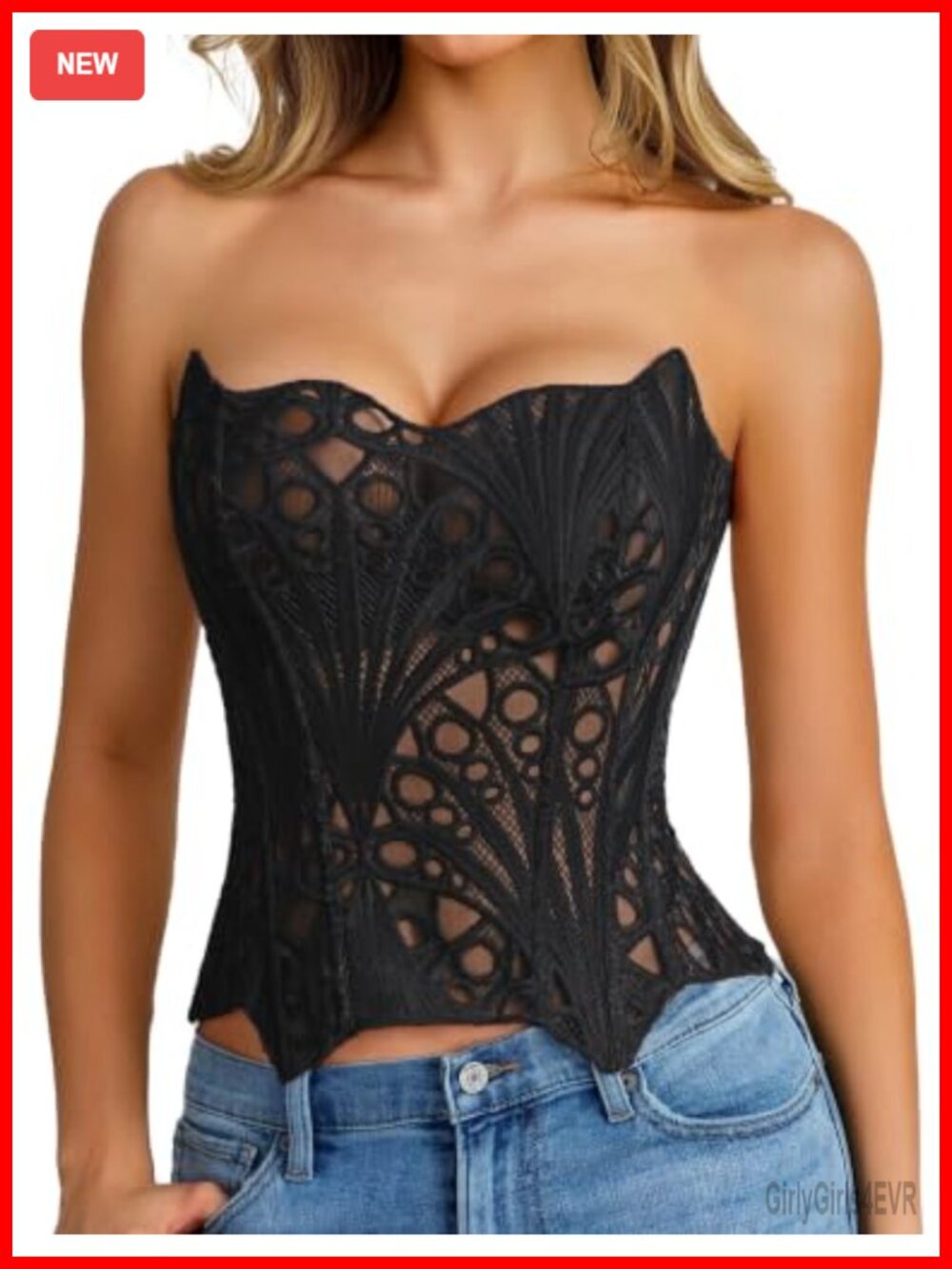 Lace-Up Bustier Corset Top 14-Bone Strapless Overbust Nylon Spandex